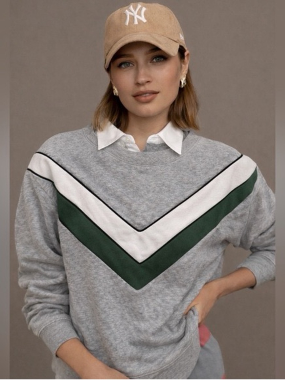 Maeve Anthro Cotton Gray Crewneck Sweatshirt with Green & White Chevron